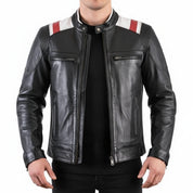 model-front-closed - Handmade Mens Two tone biker Jacket, Men black Brando motorcycle Jacket