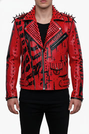 model-front-closed - Handmade Red Sinner leather jacket, men punk style fashion jacket