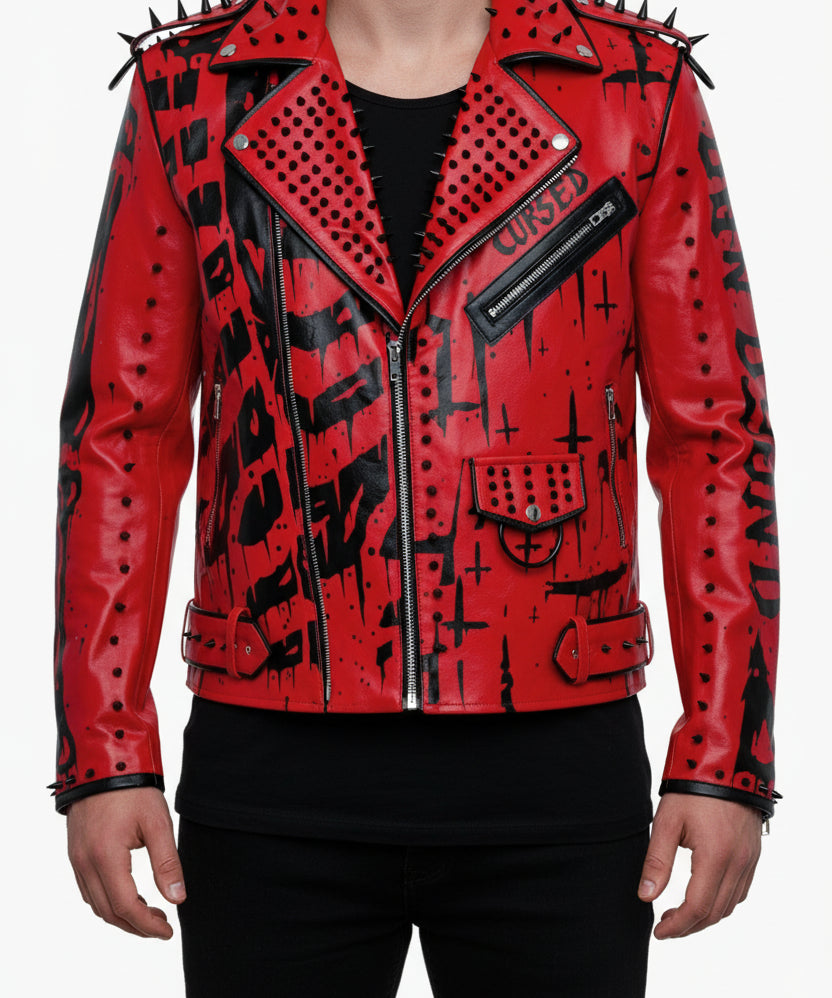 model-front-closed - Handmade Red Sinner leather jacket, men punk style fashion jacket