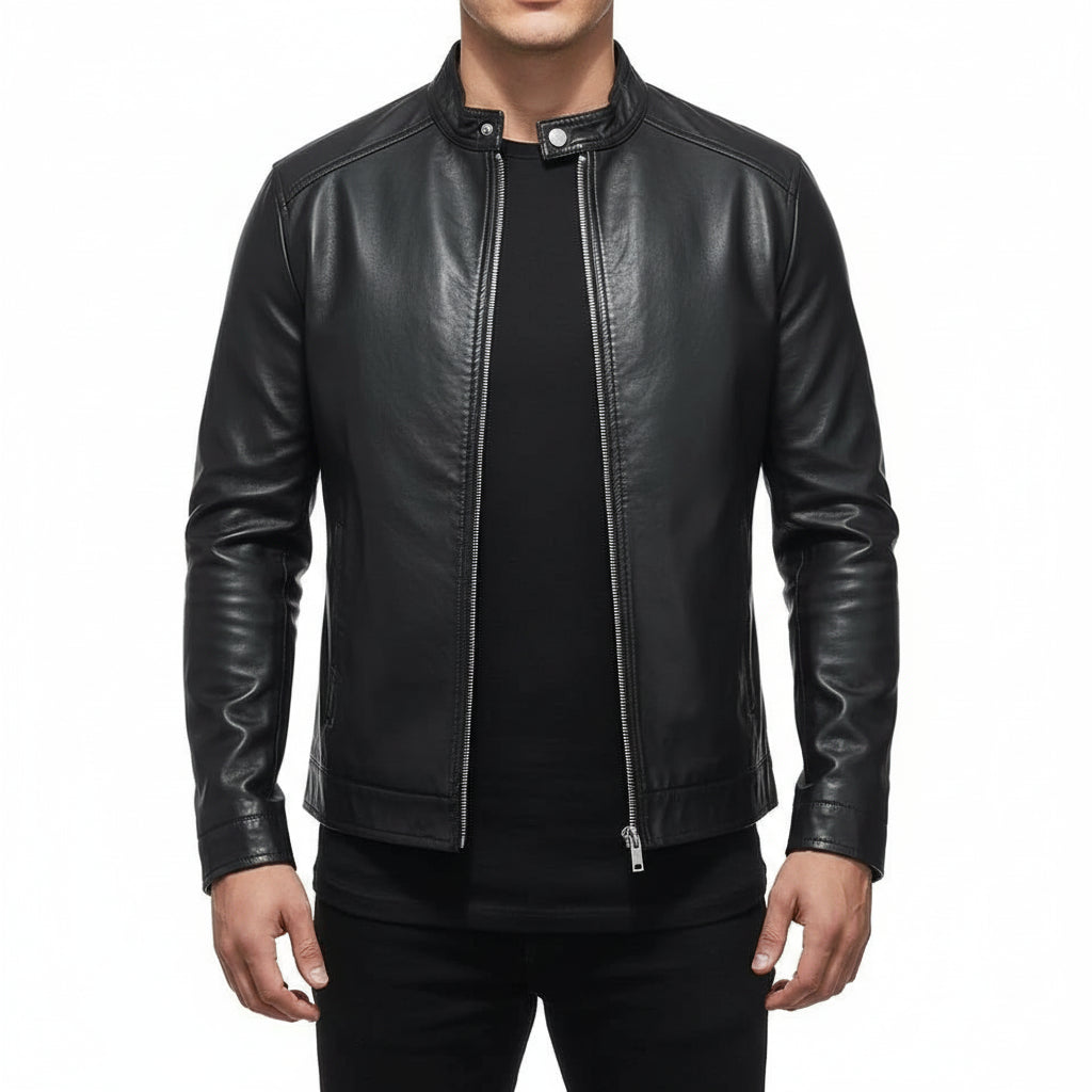 model-front-closed - Made to order Men black Slim fit leather jacket, black biker jacket for men