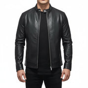 model-front-closed - Made to order Men black Slim fit leather jacket, black biker jacket for men