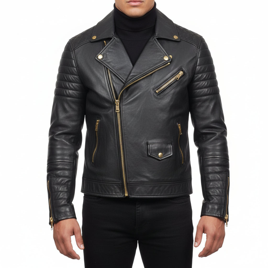 model-front-closed - Man Black Motorcycle Fashion Leather Jacket Men Biker Style Fashion Jacket