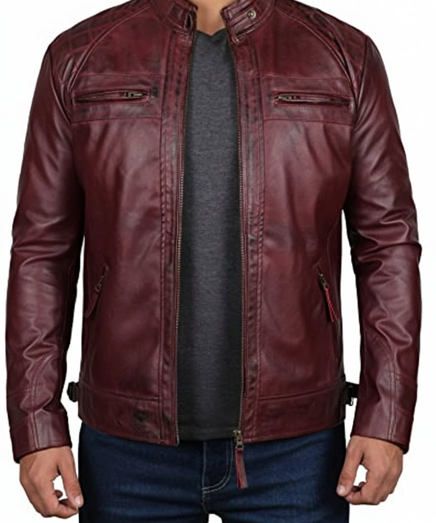 model-front-closed - Maroon Leather Biker Jacket for Men,Leather Fashion Jacket, Racers Jacket
