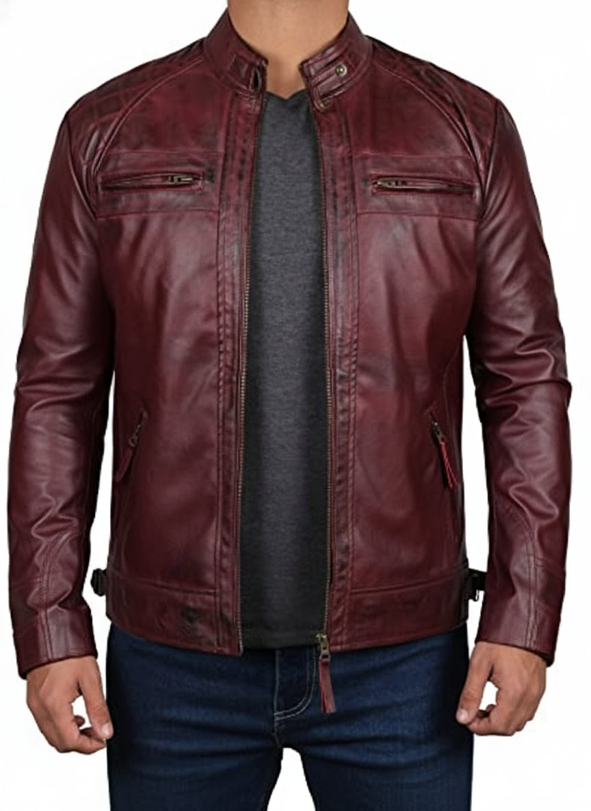 model-front-closed - Maroon Leather Biker Jacket for Men,Leather Fashion Jacket, Racers Jacket