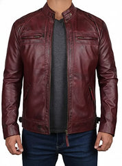 model-front-closed - Maroon Leather Biker Jacket for Men,Leather Fashion Jacket, Racers Jacket