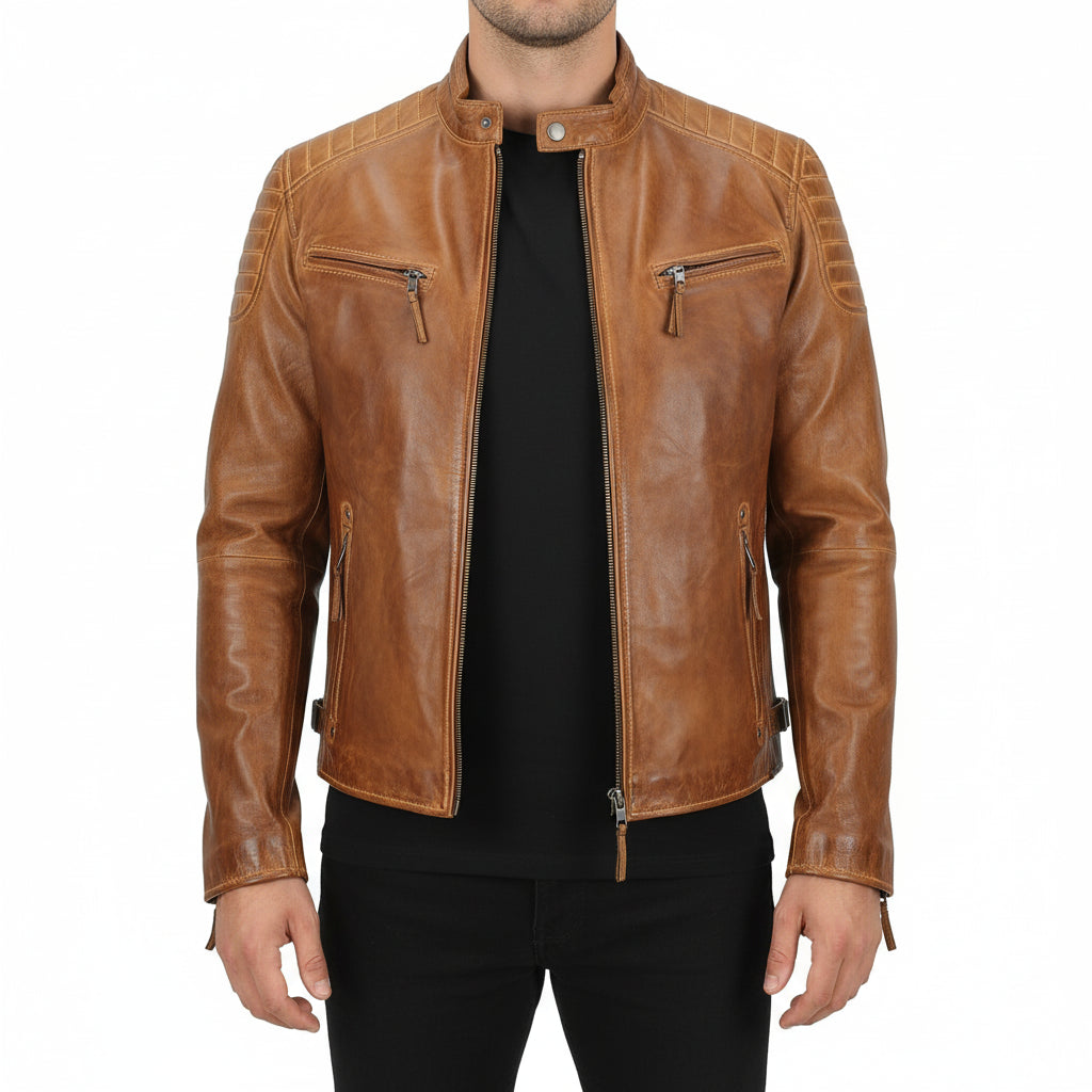 model-front-closed - Men antique brown leather jacket, Men tan brown biker leather jacket
