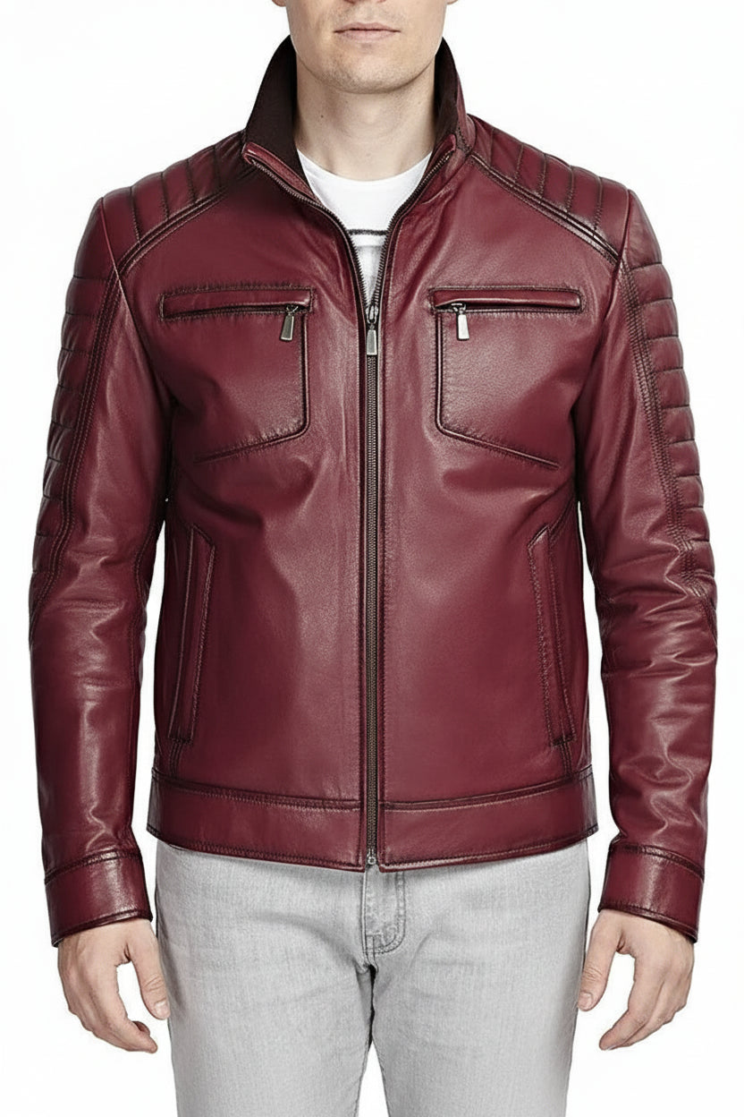 model-front-closed - Men Antique maroon color leather jacket, Men maroon biker jacket