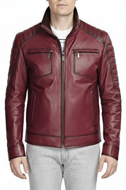 model-front-closed - Men Antique maroon color leather jacket, Men maroon biker jacket