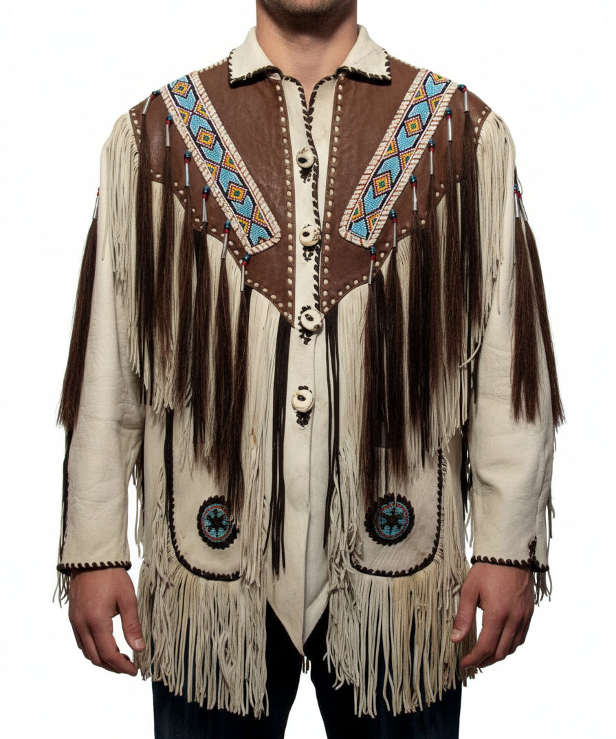 model-front-closed - Men Beige Finished Cow Leather Jacket Beads & Long Fringe Work On Jackets