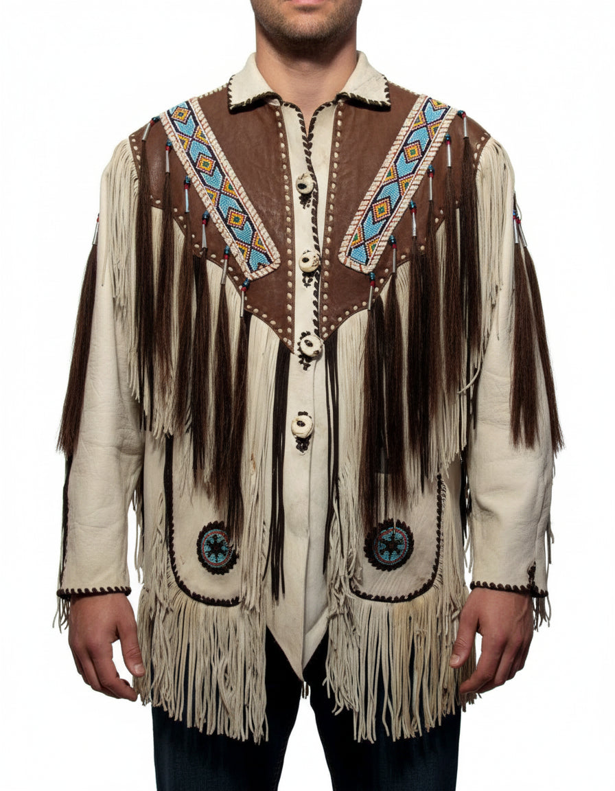model-front-closed - Men Beige Finished Cow Leather Jacket Beads & Long Fringe Work On Jackets