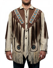 model-front-closed - Men Beige Finished Cow Leather Jacket Beads & Long Fringe Work On Jackets