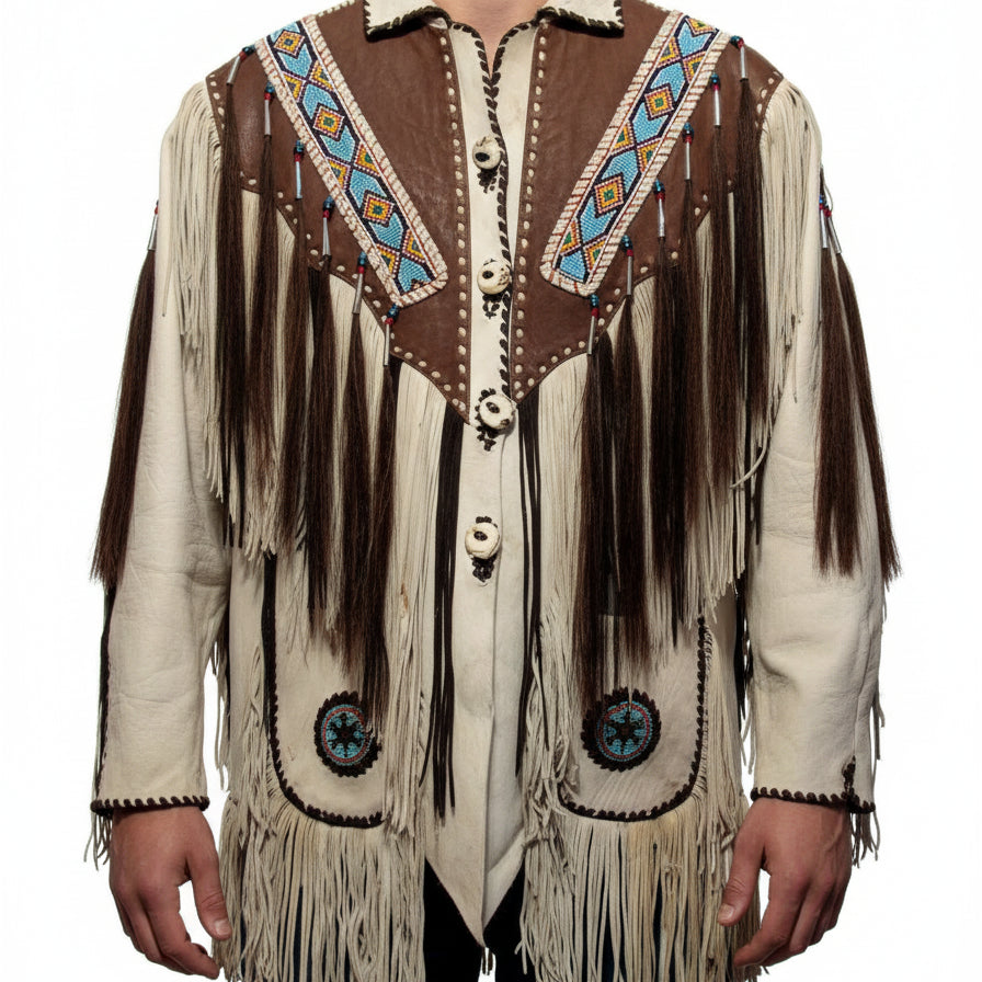 model-front-closed - Men Beige Finished Cow Leather Jacket Beads & Long Fringe Work On Jackets