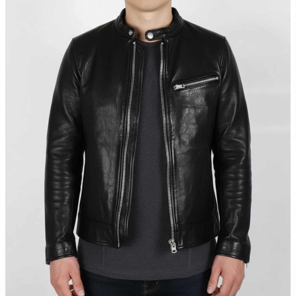 model-front-closed - Men black biker jacket, Motorcycle jacket for men, Men leather jacket