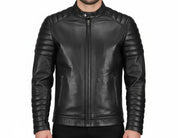 model-front-closed - Men Black biker leather jacket Men Black Slim fit motorcycle leather jacket