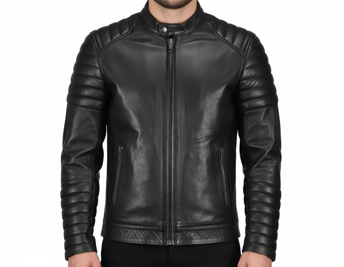 model-front-closed - Men Black biker leather jacket Men Black Slim fit motorcycle leather jacket