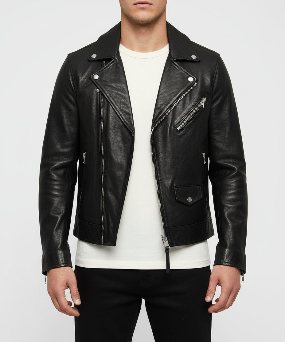 model-front-closed - Men black biker leather Jacket, Men motorcycle jacket, biker jacket for men