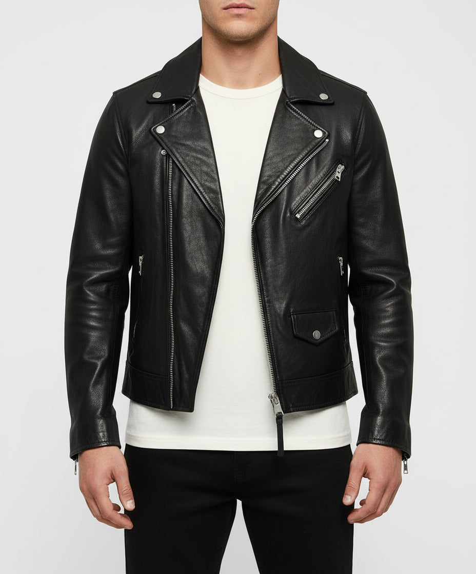 model-front-closed - Men black biker leather Jacket, Men motorcycle jacket, biker jacket for men