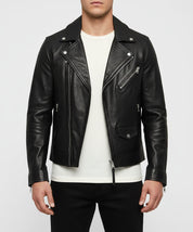 model-front-closed - Men black biker leather Jacket, Men motorcycle jacket, biker jacket for men