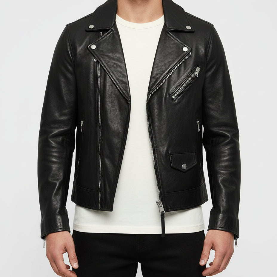 model-front-closed - Men black biker leather Jacket, Men motorcycle jacket, biker jacket for men