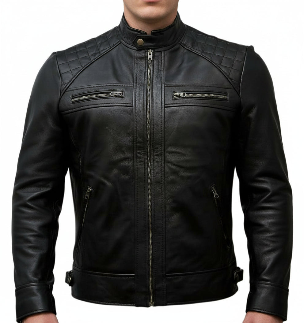 model-front-closed - Men Black Biker Leather Jacket, Men's Stylish Black Sheep Leather Biker Jacket