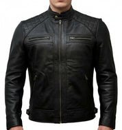 model-front-closed - Men Black Biker Leather Jacket, Men's Stylish Black Sheep Leather Biker Jacket