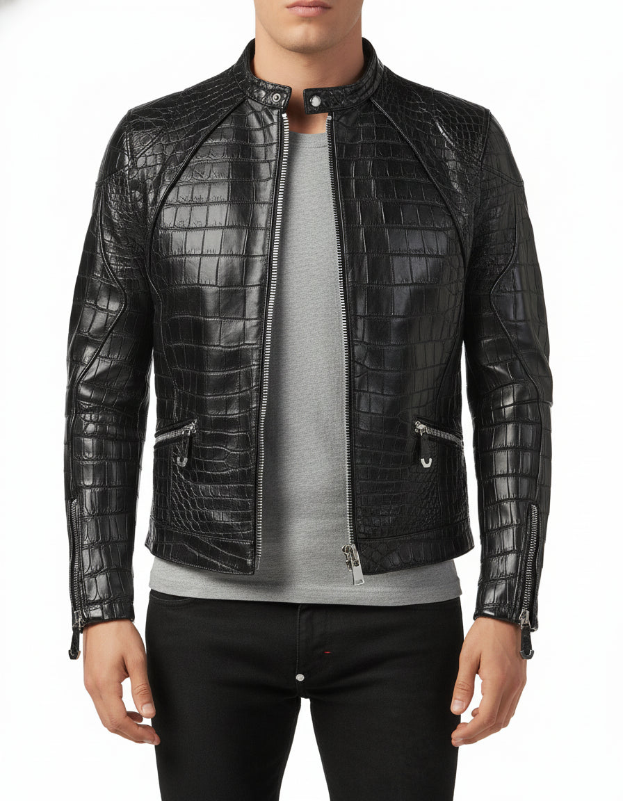 model-front-closed - Men Black Crocodile Embossed Pattern leather Jacket , Men Leather jacket