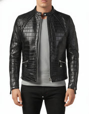 model-front-closed - Men Black Crocodile Embossed Pattern leather Jacket , Men Leather jacket