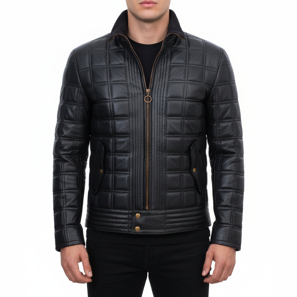 model-front-closed - Men Black Lamb Skin Quilted leather Jacket, Men black quilted biker jacket