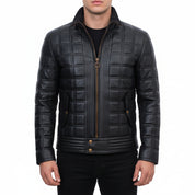 model-front-closed - Men Black Lamb Skin Quilted leather Jacket, Men black quilted biker jacket