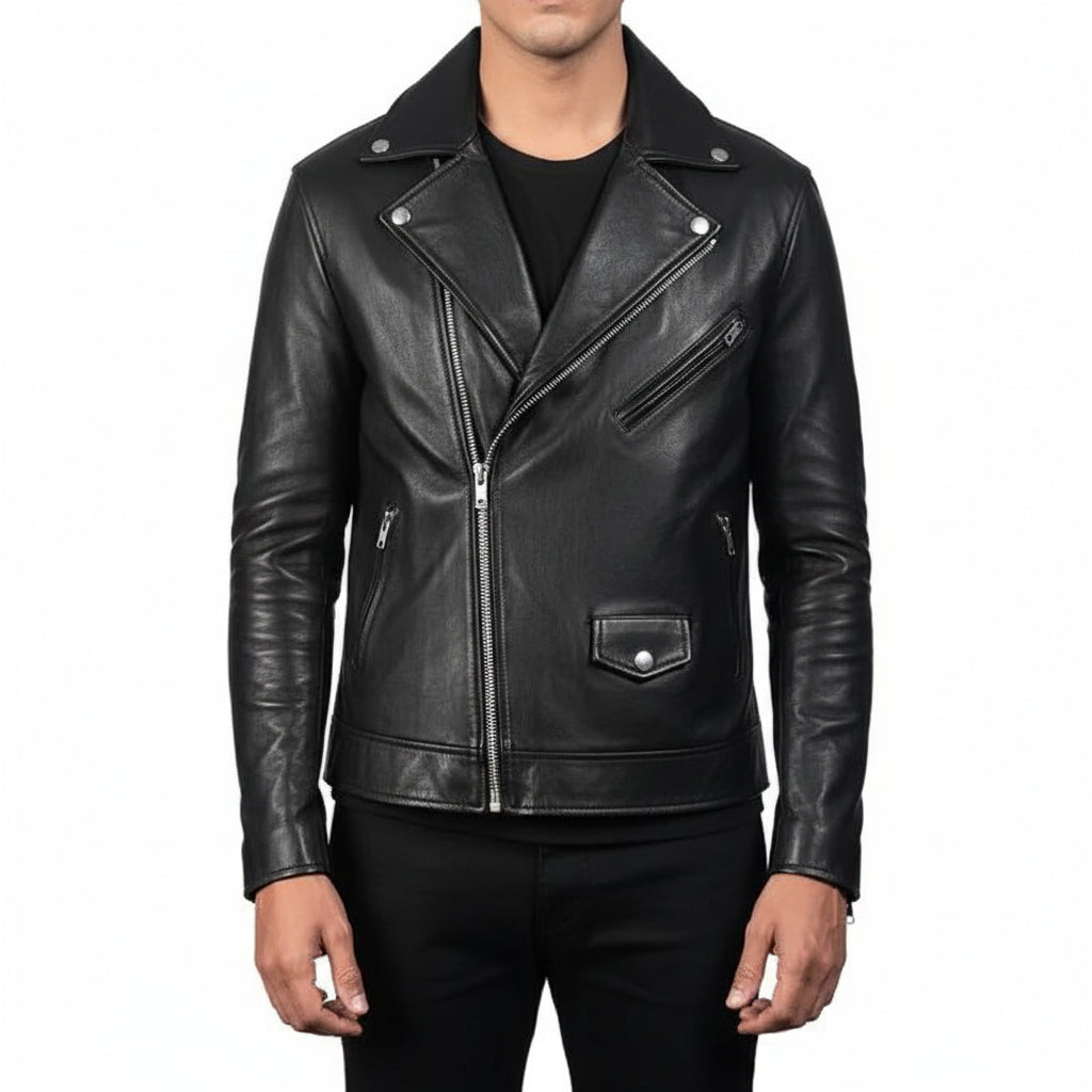 model-front-closed - Men Black Leather Biker Jacket, Mens wide collar jacket , Mens Jackets