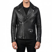 model-front-closed - Men Black Leather Biker Jacket, Mens wide collar jacket , Mens Jackets