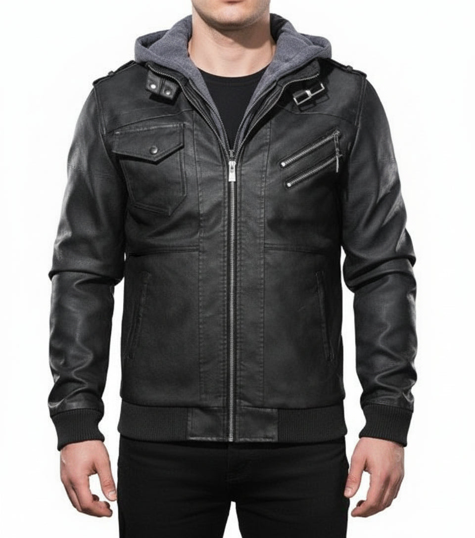 model-front-closed - Men Black Leather Bomber Style Leather Jacket with Hoodie, Baseball Jackets