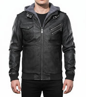 model-front-closed - Men Black Leather Bomber Style Leather Jacket with Hoodie, Baseball Jackets