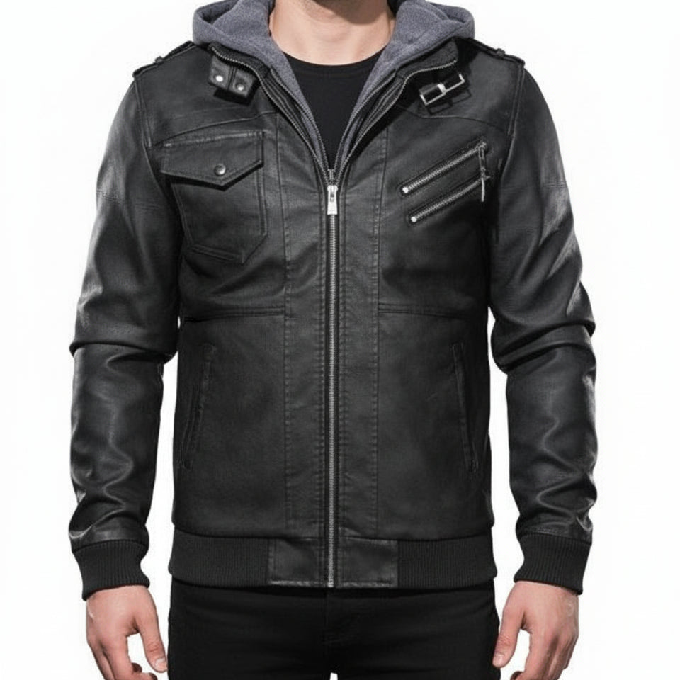 model-front-closed - Men Black Leather Bomber Style Leather Jacket with Hoodie, Baseball Jackets