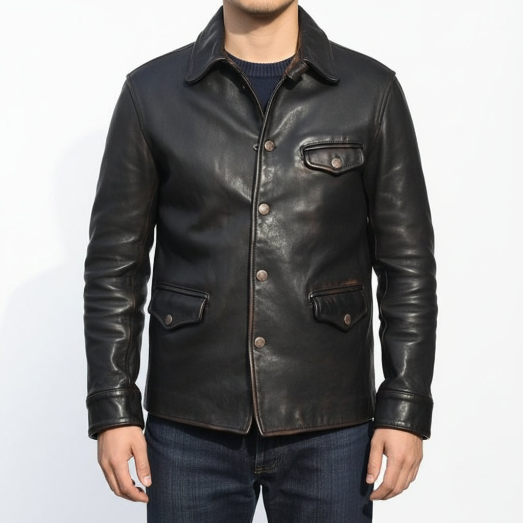 model-front-closed - Men Black Leather Coat Jacket, Winter Men Fashion Leather Apparel, Bikers