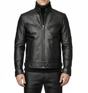 model-front-closed - Men black Leather Motorcycle Jacket, Black biker leather Jacket