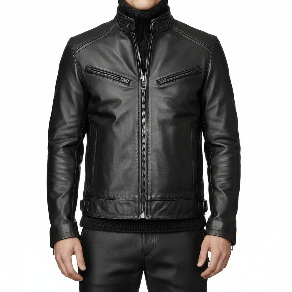 model-front-closed - Men black Leather Motorcycle Jacket, Black biker leather Jacket