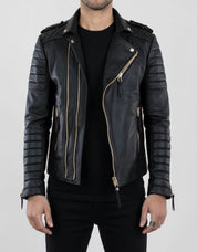 model-front-closed - Men Black Leather Motorcycle Jacket, Winter Fashion Leather Jacket for men