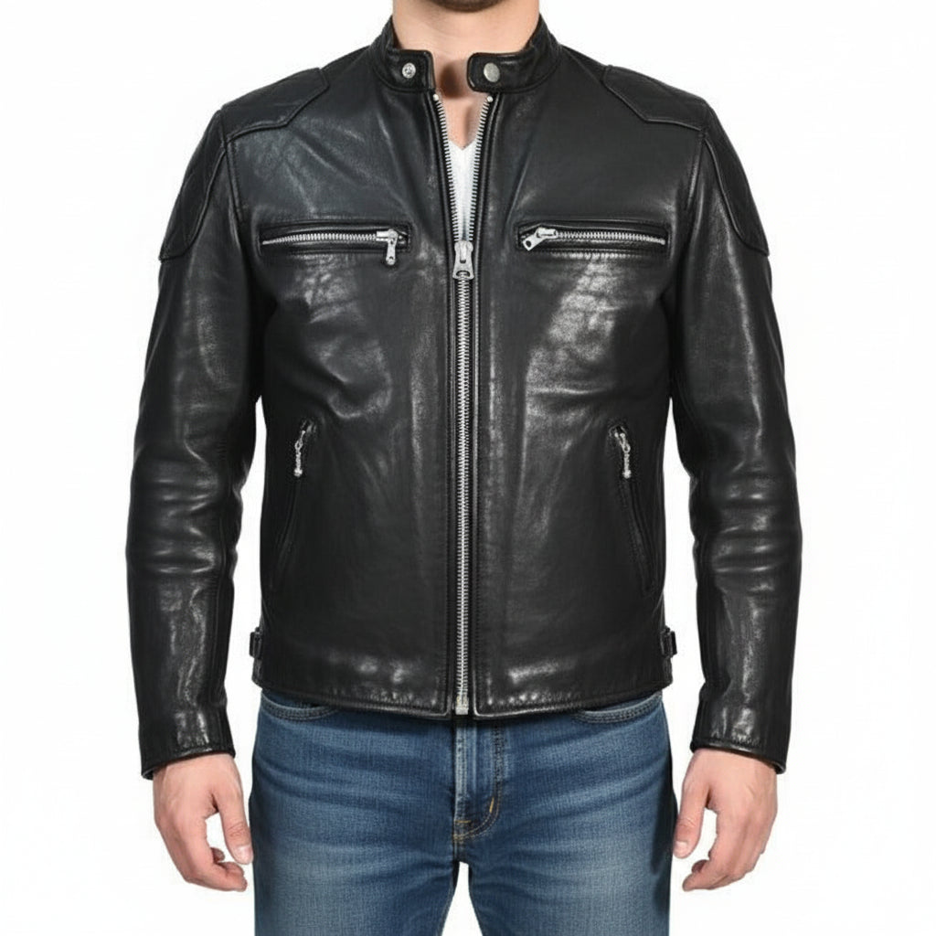 model-front-closed - Men Black Leather Motorcycle, Winter Fashion Leather Jacket