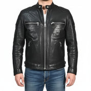 model-front-closed - Men Black Leather Motorcycle, Winter Fashion Leather Jacket