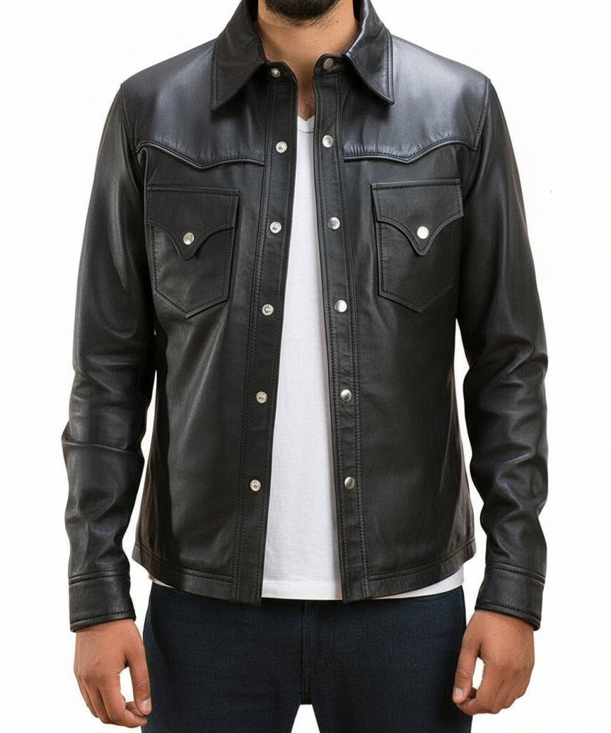 model-front-closed - Men Black Leather Slim fit Jacket with Cargo pockets, Men Fashion Jackets