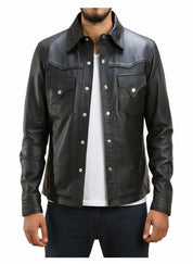 model-front-closed - Men Black Leather Slim fit Jacket with Cargo pockets, Men Fashion Jackets