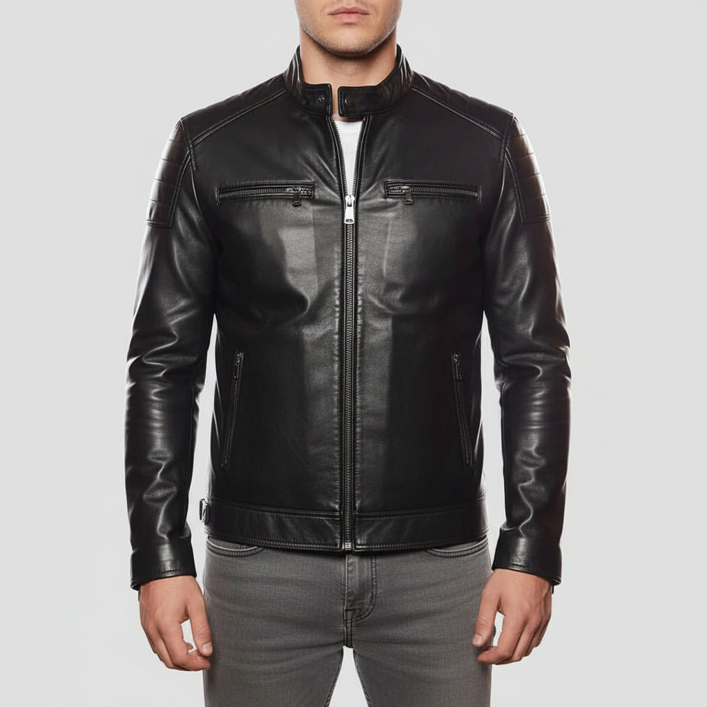 model-front-closed - Men Black leather slimfit jacket, Men biker jacket, leather jacket men