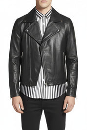 model-front-closed - Men Black Motorcycle Leather Jacket Leather Jacket, Leather Jackets