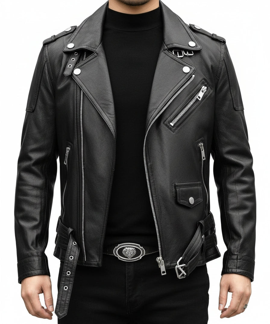 model-front-closed - Men Black multi pocktes biker leather jacket, Black motorcycle jacket