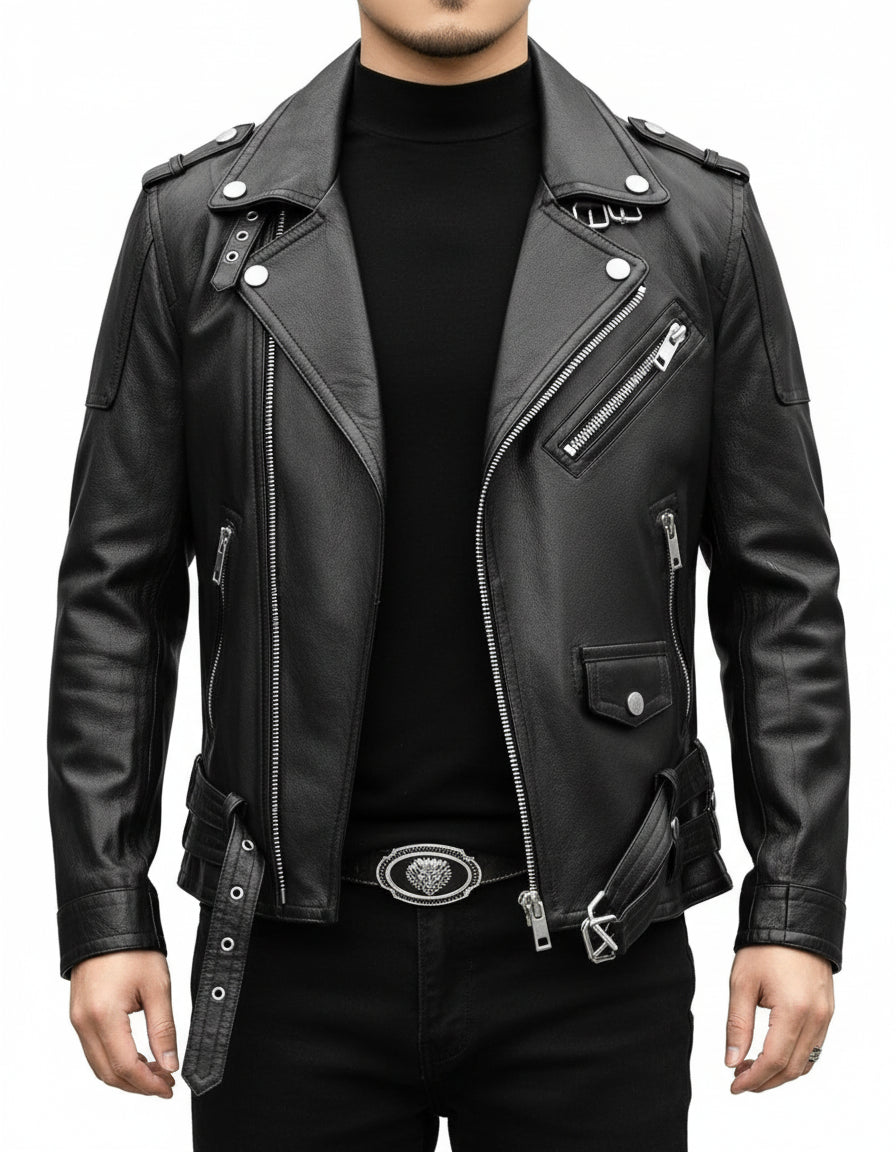 model-front-closed - Men Black multi pocktes biker leather jacket, Black motorcycle jacket