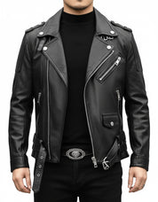 model-front-closed - Men Black multi pocktes biker leather jacket, Black motorcycle jacket