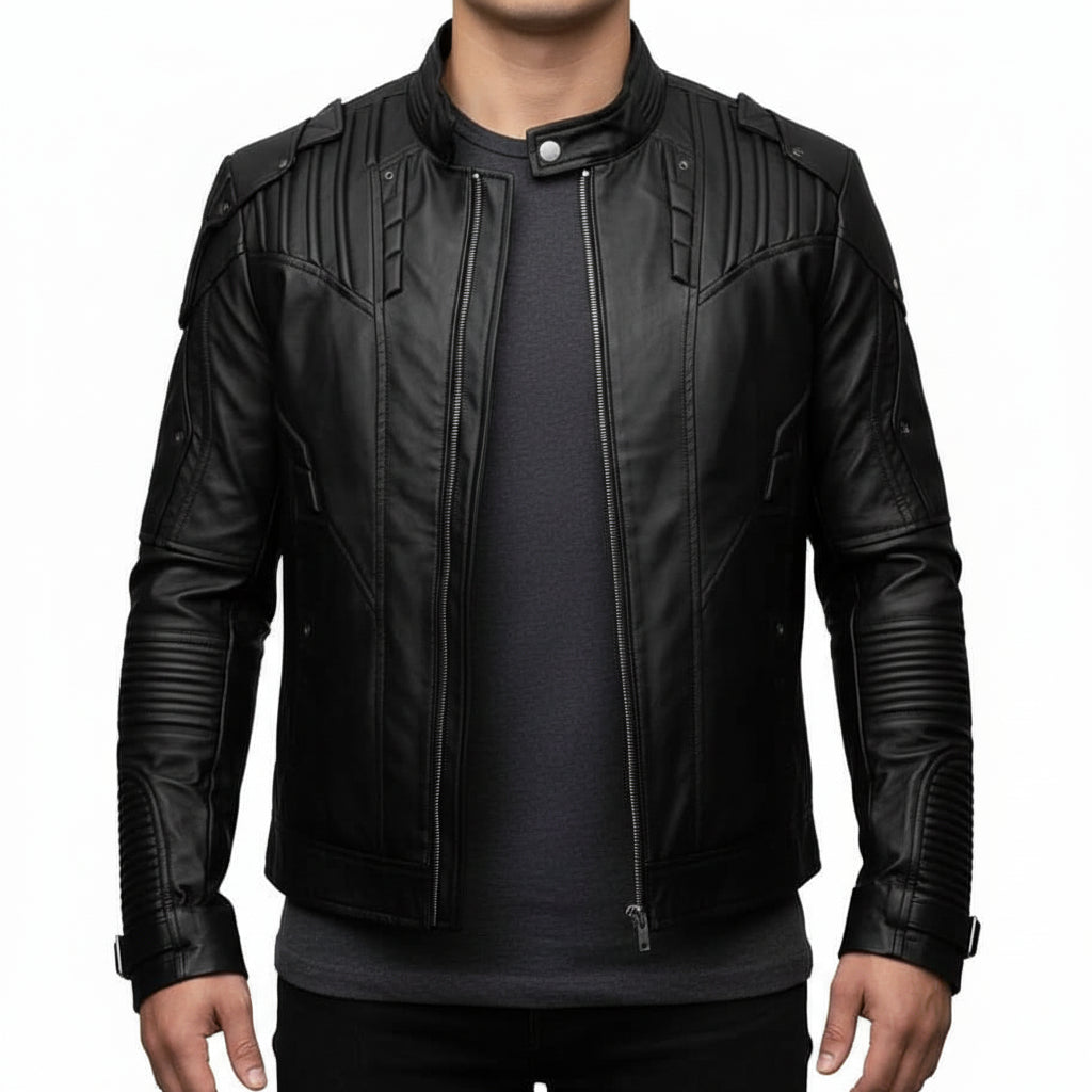model-front-closed - Men black sheep leather bomber leather jacket, Men black biker jacket