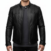 model-front-closed - Men black sheep leather bomber leather jacket, Men black biker jacket