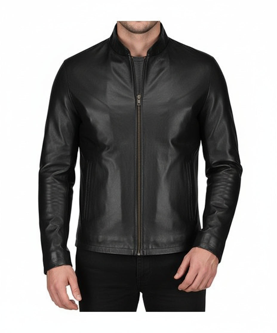 model-front-closed - Men black sheep leather Jacket, Men motorcycle jacket, Biker jacket for men